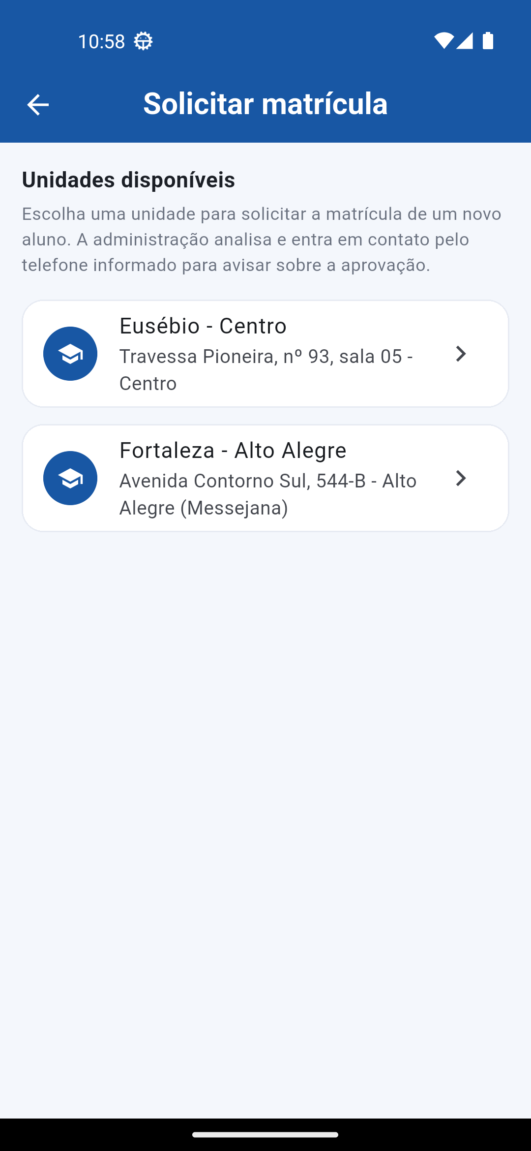 Tela de solicitação de matrícula